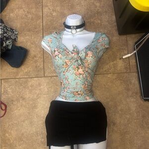 Floral Knot-Front Top - Green
